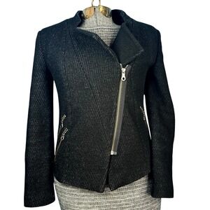 Buckley Tailors Black Wool Blazer Asymmetrical Zipper Front Zip‎ Pockets Size 0